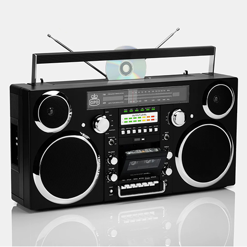 GPO/ 80'sスタイル レトロ ブームボックス ブラックカラー（Bluetooth、CD、カセット、FM/AMラジオ、USB、外部入出力対応モデル）